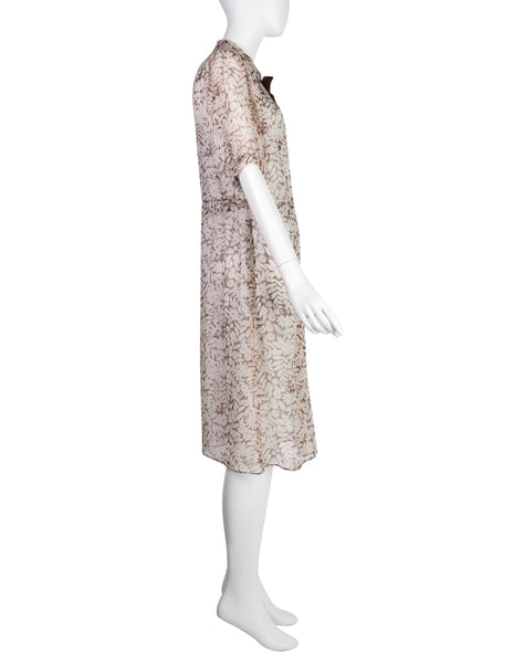 Vintage Late 1930s / Early 1940s Brown White Floral Sheer Silk Chiffon Dress