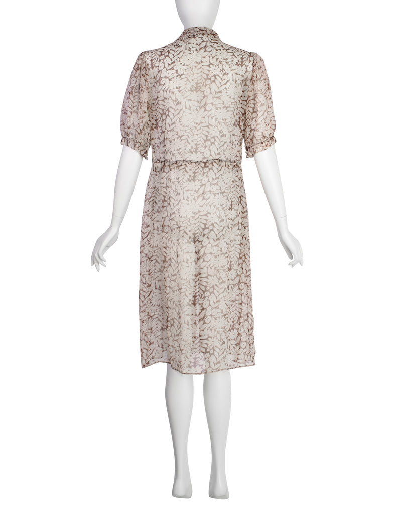 Vintage Late 1930s / Early 1940s Brown White Floral Sheer Silk Chiffon Dress Vintage Late 1930s / Early 1940s Brown White Floral Sheer Silk Chiffon Dress