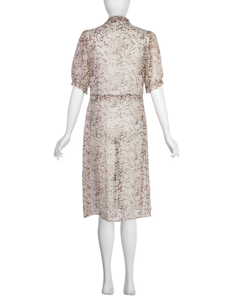 Vintage Late 1930s / Early 1940s Brown White Floral Sheer Silk Chiffon Dress