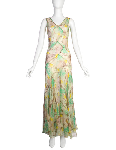 Vintage 1930s Green Yellow Beige Grey Watercolor Floral Paneled Silk Chiffon Gown