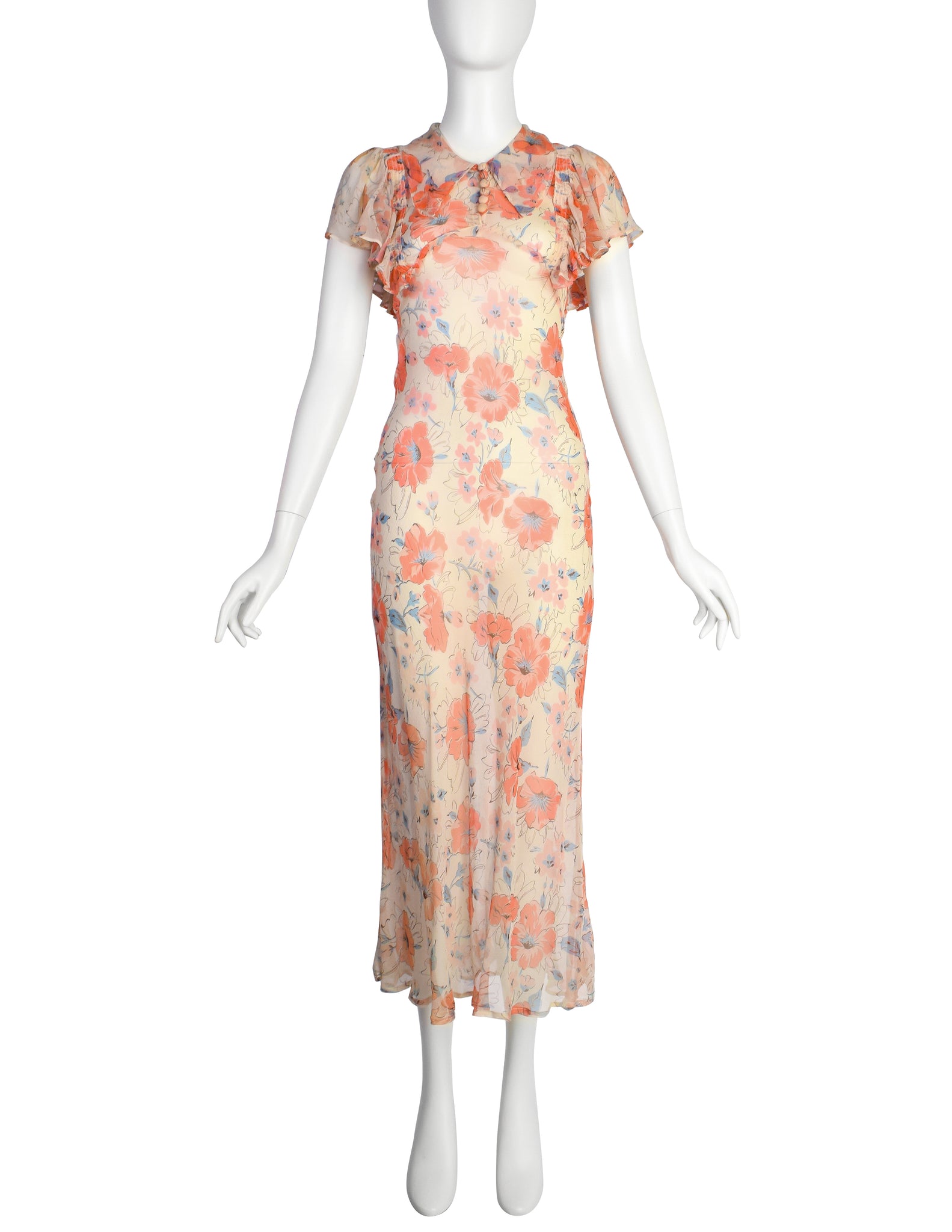Vintage 1930s Coral and Ivory Floral Print Silk Chiffon Gown
