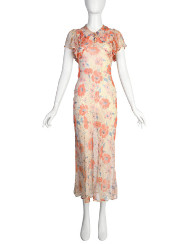 Vintage 1930s Coral and Ivory Floral Print Silk Chiffon Gown