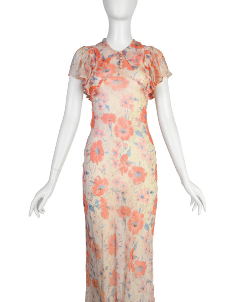 Vintage 1930s Coral and Ivory Floral Print Silk Chiffon Gown