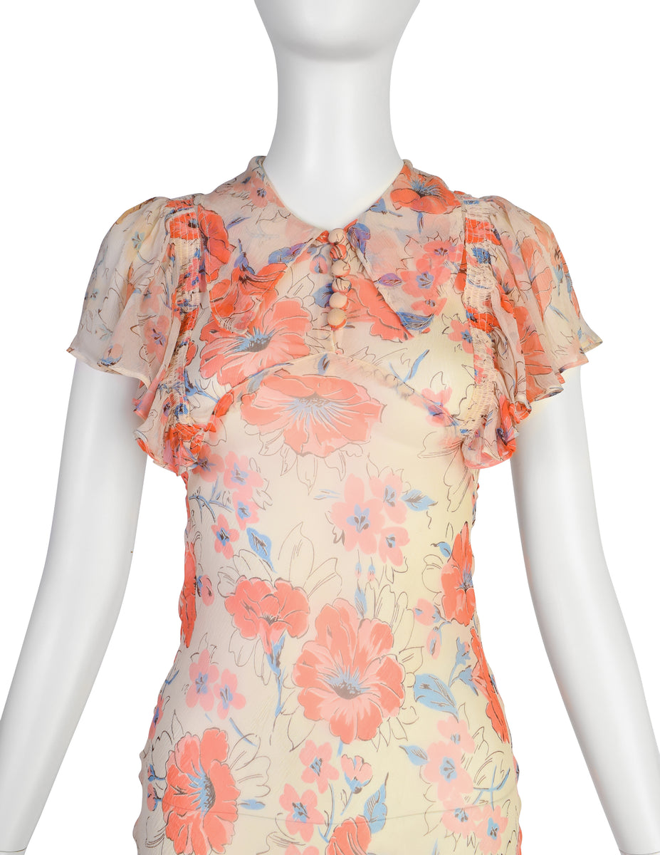 Vintage 1930s Coral and Ivory Floral Print Silk Chiffon Gown