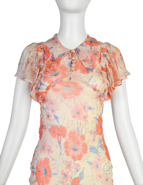 Vintage 1930s Coral and Ivory Floral Print Silk Chiffon Gown