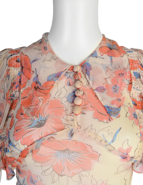 Vintage 1930s Coral and Ivory Floral Print Silk Chiffon Gown