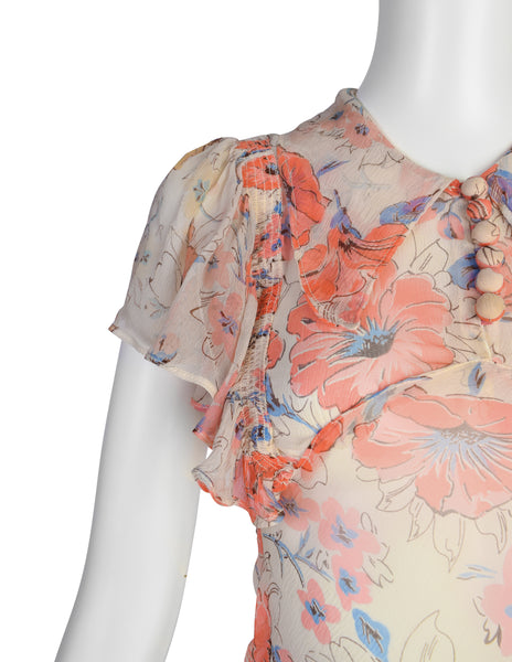 Vintage 1930s Coral and Ivory Floral Print Silk Chiffon Gown