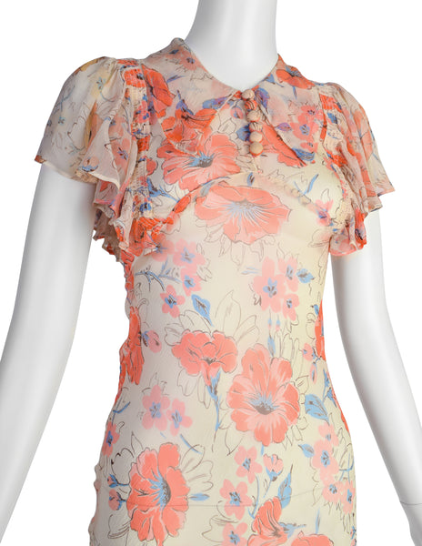 Vintage 1930s Coral and Ivory Floral Print Silk Chiffon Gown