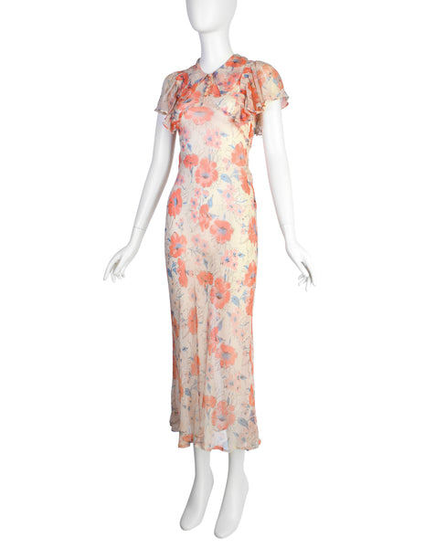 Vintage 1930s Coral and Ivory Floral Print Silk Chiffon Gown