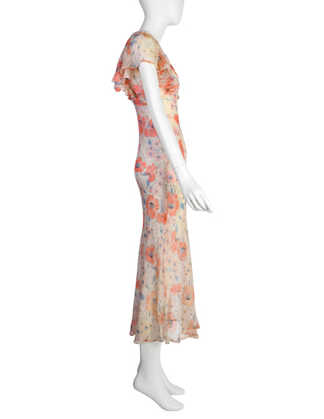 Vintage 1930s Coral and Ivory Floral Print Silk Chiffon Gown
