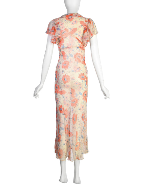 Vintage 1930s Coral and Ivory Floral Print Silk Chiffon Gown
