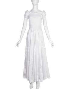 Vintage 1930s Embroidered Dot Smocked Lace White Cotton Voile Full Skirt Gown