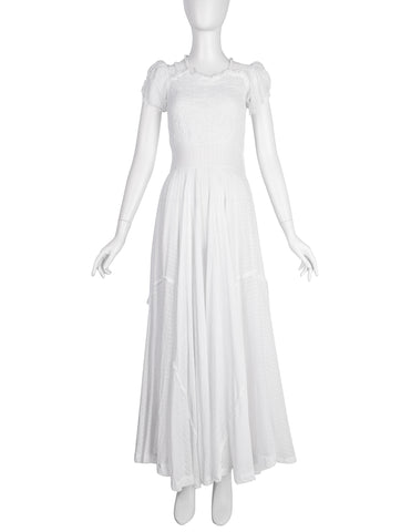 Vintage 1930s Embroidered Dot Smocked Lace White Cotton Voile Full Skirt Gown