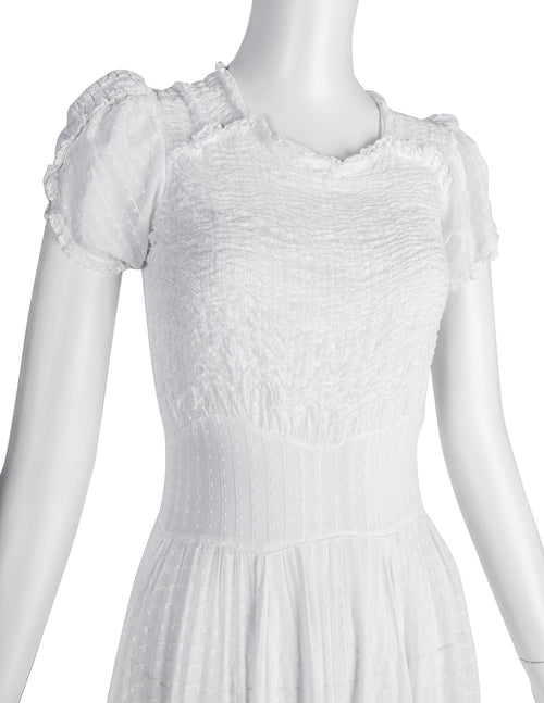 white christmas dresses Vintage 1930s Embroidered Dot Smocked Lace White Cotton Voile Full Skirt Gown