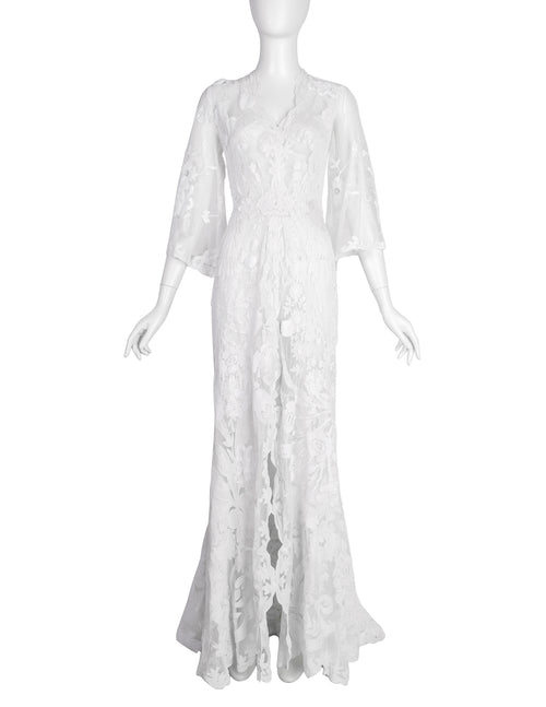 Vintage 1930s Reworked Phenomenal White Mesh Net Lace Embellished Trained Gown
