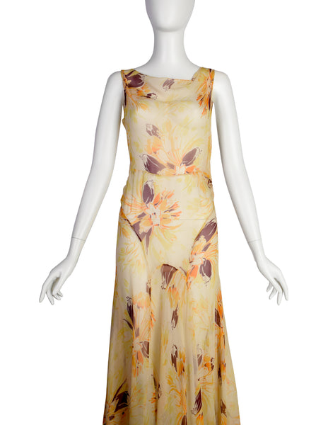 Vintage 1930s Yellow Orange Floral Silk Chiffon Bias Gown and Bolero Ensemble