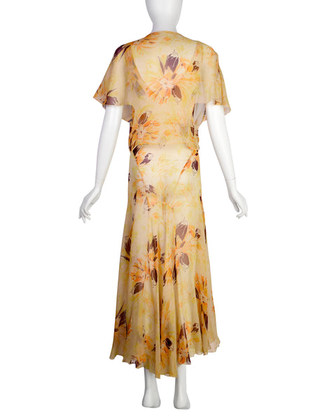 Vintage 1930s Yellow Orange Floral Silk Chiffon Bias Gown and Bolero Ensemble