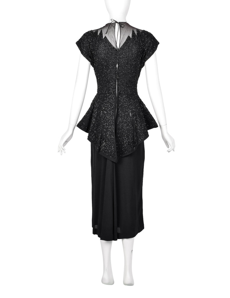 Vintage 1940s Black Beaded Rayon Peplum Dress Vintage 1940s Black Beaded Rayon Peplum Dress