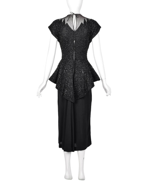 Vintage 1940s Black Beaded Rayon Peplum Dress