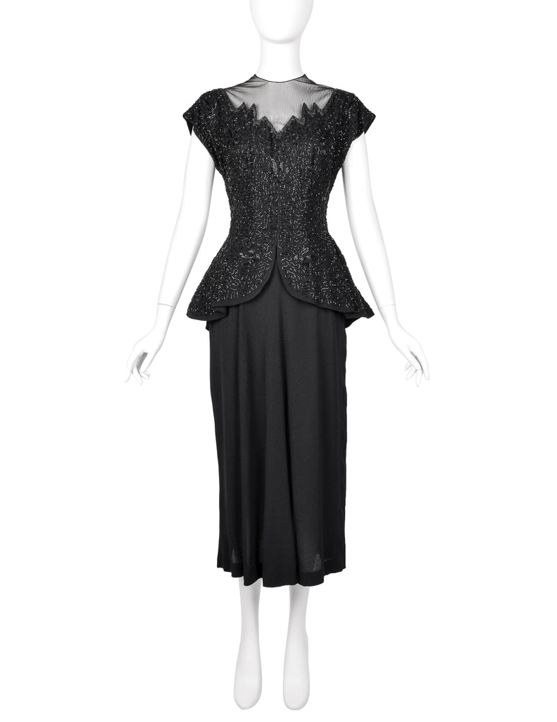 Vintage 1940s Black Beaded Rayon Peplum Dress Vintage 1940s Black Beaded Rayon Peplum Dress