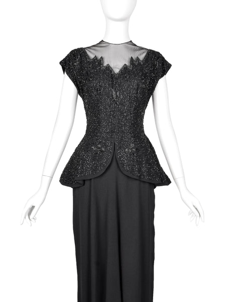 Vintage 1940s Black Beaded Rayon Peplum Dress