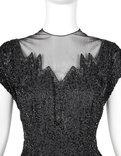 Vintage 1940s Black Beaded Rayon Peplum Dress