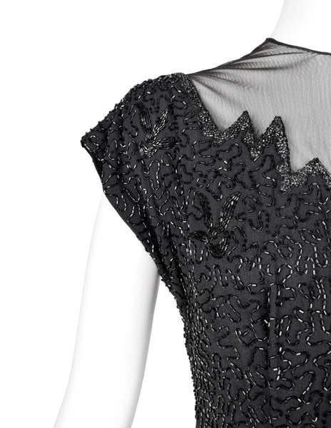 Vintage 1940s Black Beaded Rayon Peplum Dress