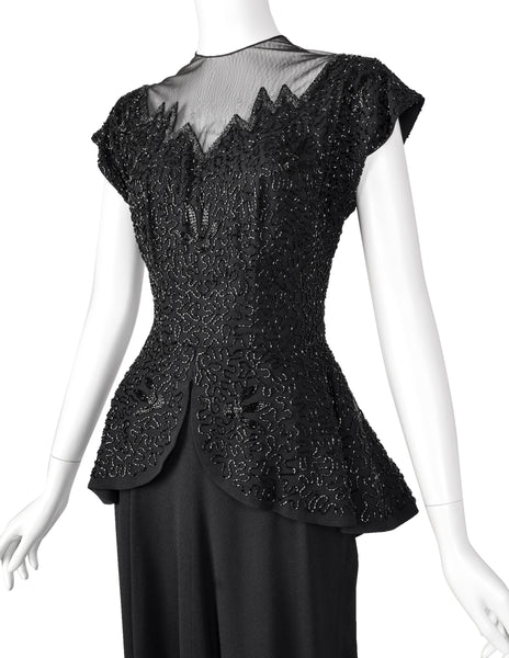 Vintage 1940s Black Beaded Rayon Peplum Dress