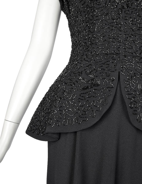 Vintage 1940s Black Beaded Rayon Peplum Dress