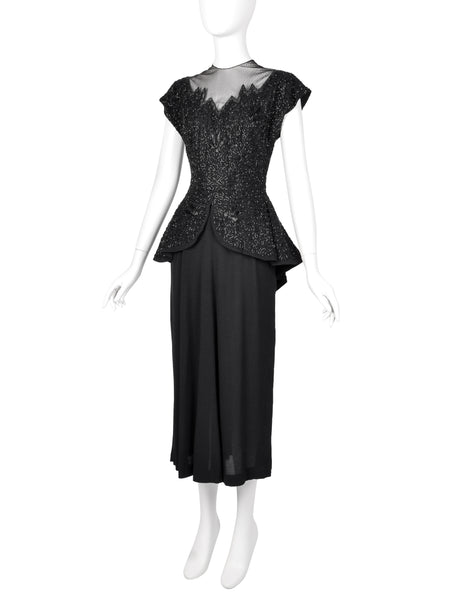 Vintage 1940s Black Beaded Rayon Peplum Dress