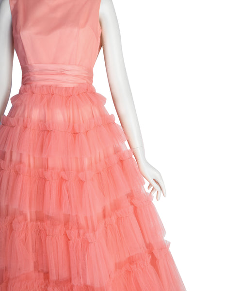 Vintage 1950s Pink Layered Mesh Tulle Tiered Cupcake Party Dress