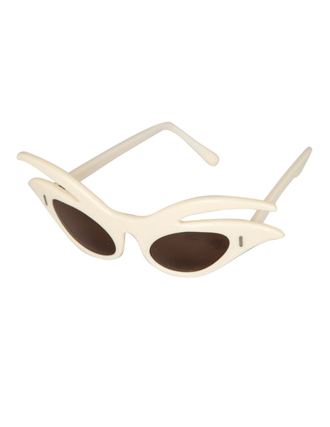 1950s Vintage Italian White Intricate Cat-Eye Sunglasses
