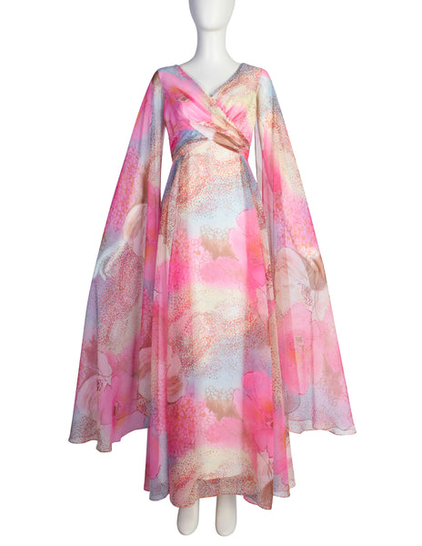 Vintage 1960s Pink Blue Watercolor Floral Extreme Angel Sleeve Dream Dress