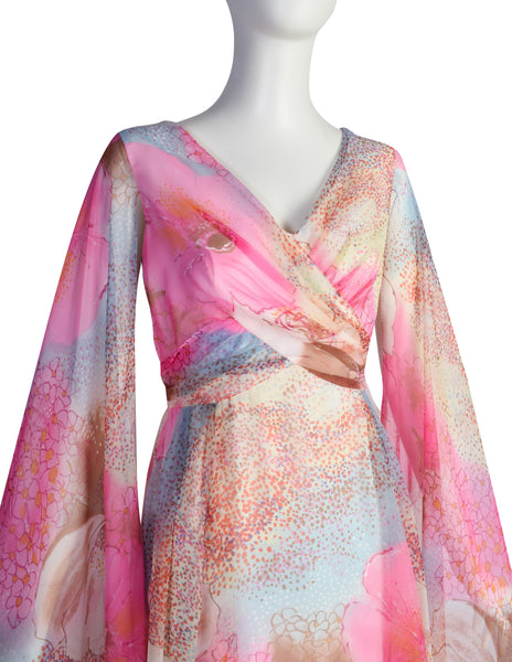 Vintage 1960s Pink Blue Watercolor Floral Extreme Angel Sleeve Dream Dress