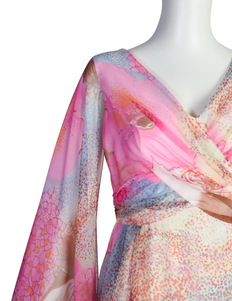 Vintage 1960s Pink Blue Watercolor Floral Extreme Angel Sleeve Dream Dress