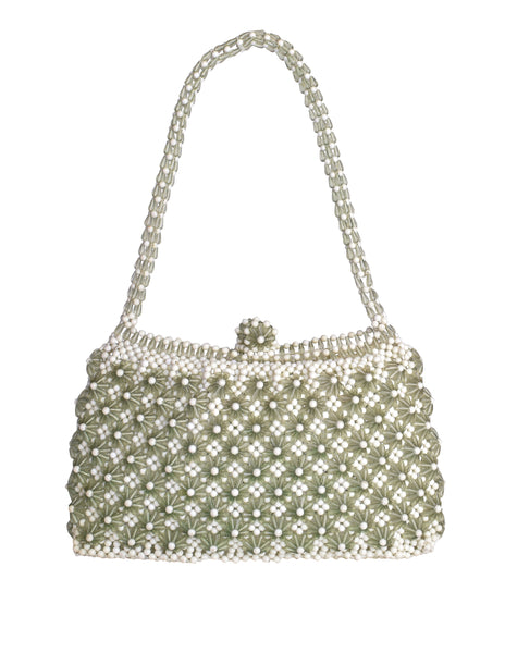 1960s Vintage Sage Green and Cream Beaded Pointed Flower Mini Bag