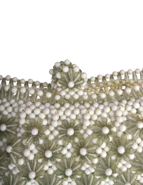 1960s Vintage Sage Green and Cream Beaded Pointed Flower Mini Bag