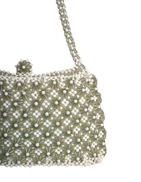 1960s Vintage Sage Green and Cream Beaded Pointed Flower Mini Bag