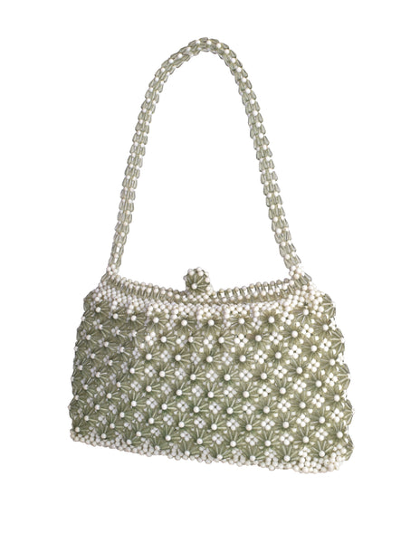 1960s Vintage Sage Green and Cream Beaded Pointed Flower Mini Bag