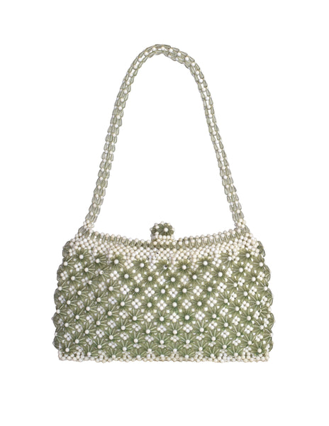 1960s Vintage Sage Green and Cream Beaded Pointed Flower Mini Bag