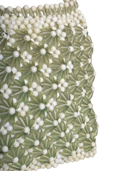 1960s Vintage Sage Green and Cream Beaded Pointed Flower Mini Bag