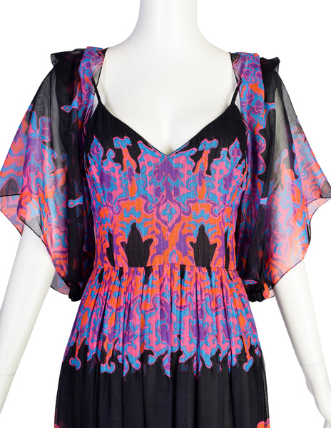 Vintage 1970s Black Vivid Bohemian Multicolor Print Cotton and Silk Dress Ensemble