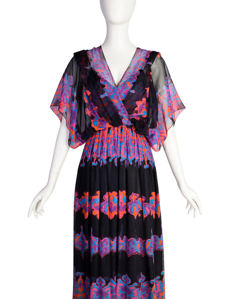 Vintage 1970s Black Vivid Bohemian Multicolor Print Cotton and Silk Dress Ensemble