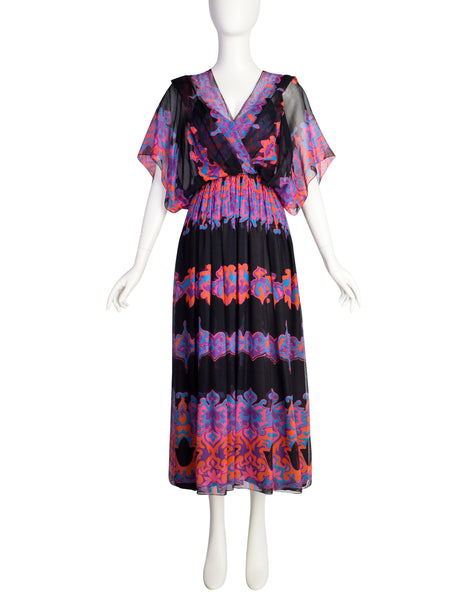 Vintage 1970s Black Vivid Bohemian Multicolor Print Cotton and Silk Dress Ensemble