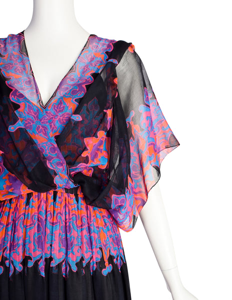 Vintage 1970s Black Vivid Bohemian Multicolor Print Cotton and Silk Dress Ensemble