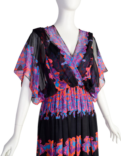 Vintage 1970s Black Vivid Bohemian Multicolor Print Cotton and Silk Dress Ensemble