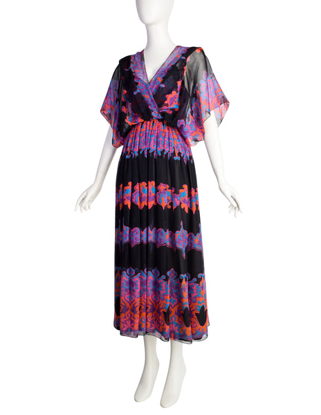 Vintage 1970s Black Vivid Bohemian Multicolor Print Cotton and Silk Dress Ensemble
