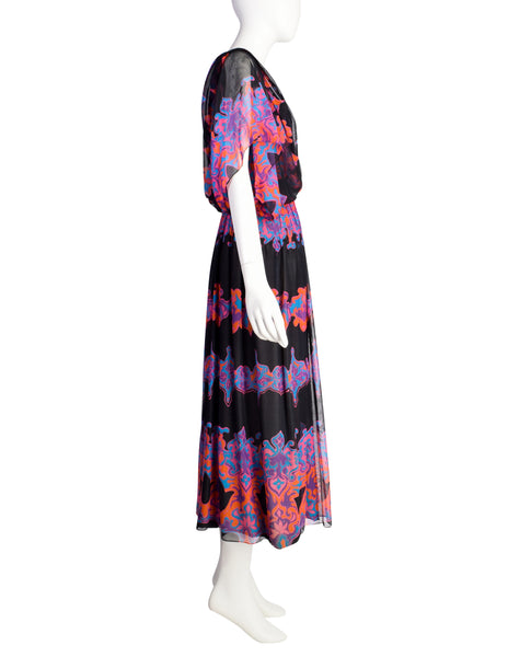 Vintage 1970s Black Vivid Bohemian Multicolor Print Cotton and Silk Dress Ensemble