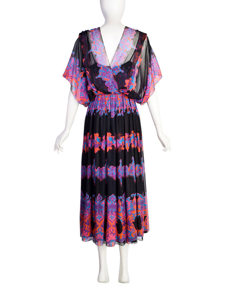 Vintage 1970s Black Vivid Bohemian Multicolor Print Cotton and Silk Dress Ensemble