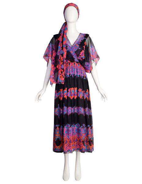 Vintage 1970s Black Vivid Bohemian Multicolor Print Cotton and Silk Dress Ensemble